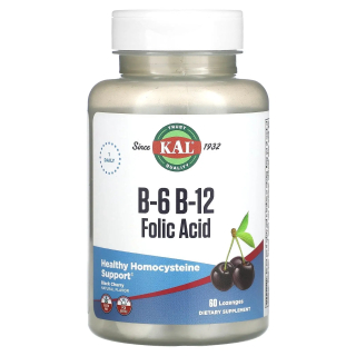 KAL B6, B12 Folic Acid Витамины B6, B12 и фолиевая кислота вкус черной вишни 60 леденцов
